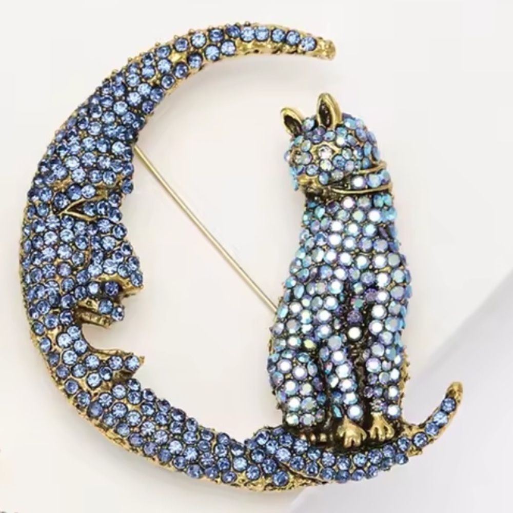 Blue Cat Moon Crystal Brooch View 2